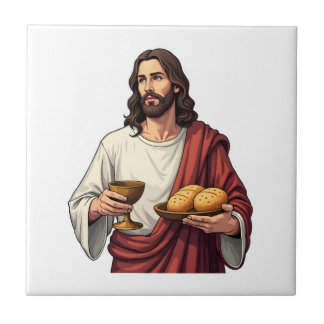 Jesus Bread Wine Vintage Engraving Tee 2 Ceramic Tile