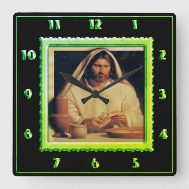Jesus Breaking Bread lime green Square Wall Clock (Front)