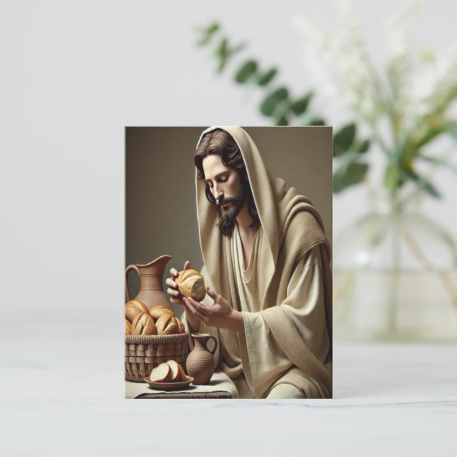 Jesus Breaking Bread with Gentle Grace Postcard (Standing Front)