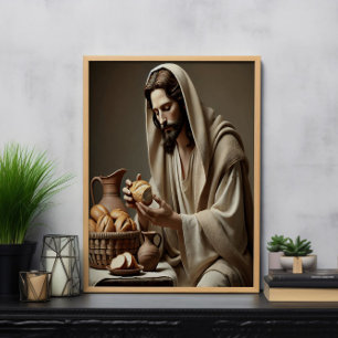 Jesus Breaking Bread with Gentle Grace Poster