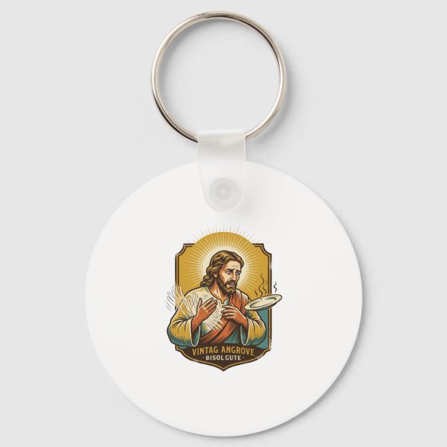 Jesus Burned Finger Taking Plate Out Microwave Kit Key Ring (Front)