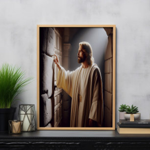 Jesus by Door at Sunrise Poster