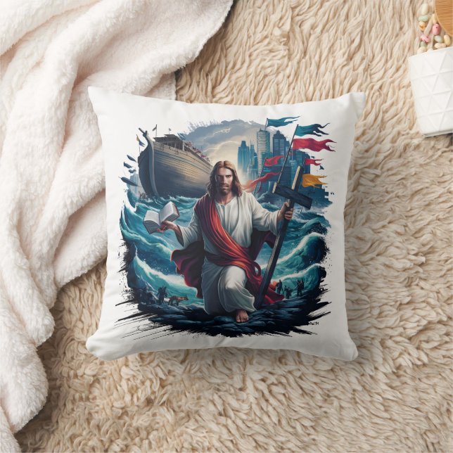 Jesus calming the storm near a great ship cushion (Blanket)