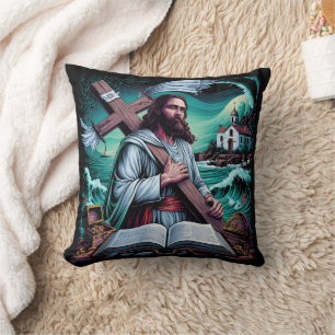 Jesus carries the cross by the turbulent sea cushion