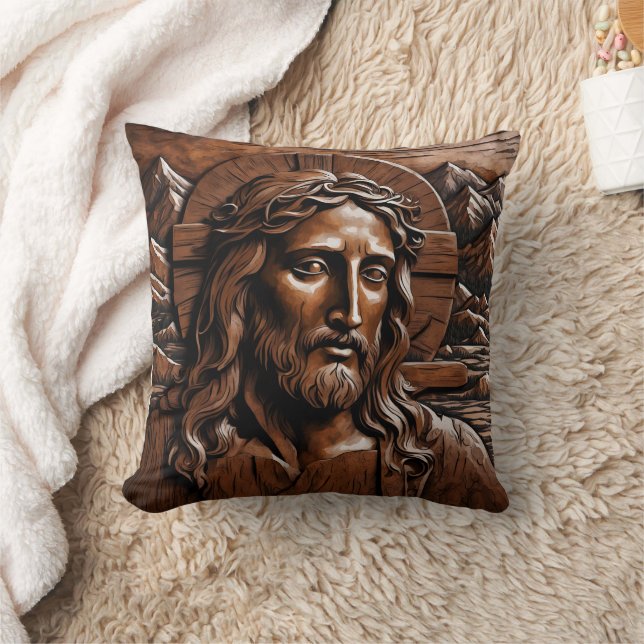 Jesus Carved in Wood Surrounded by Mountains Cushion (Blanket)