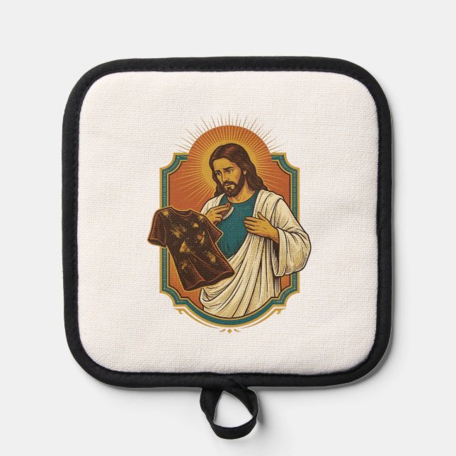 Jesus Chalk Covered Black Gym Clothes Mess Workout Pot Holder (Front)