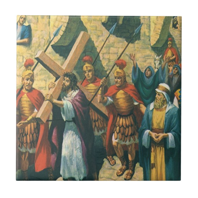 Jesus Christ Carrying the Cross to his Crucifixion Ceramic Tile (Front)