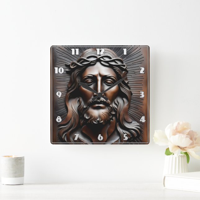 Jesus Christ Carved Relief With Radiant Background Square Wall Clock (Home)