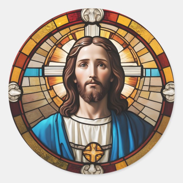 Jesus Christ Circular Faux Stained Glass Classic Round Sticker (Front)