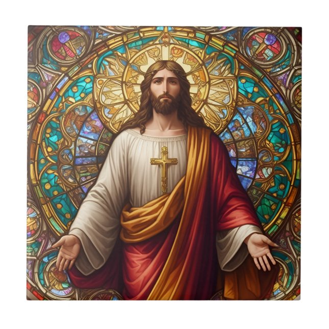Jesus Christ Colourful Stained Glass Ceramic Tile (Front)