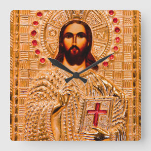Jesus christ golden icon square wall clock