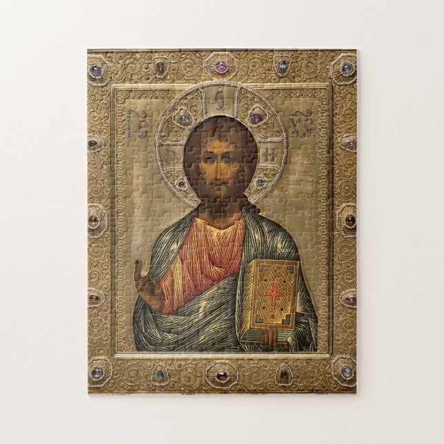 Jesus Christ Holding the Gospels Gold Jewelled Jigsaw Puzzle (Vertical)