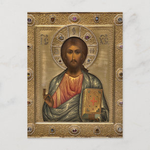 Jesus Christ Holding the Gospels Orthodox Icon     Postcard
