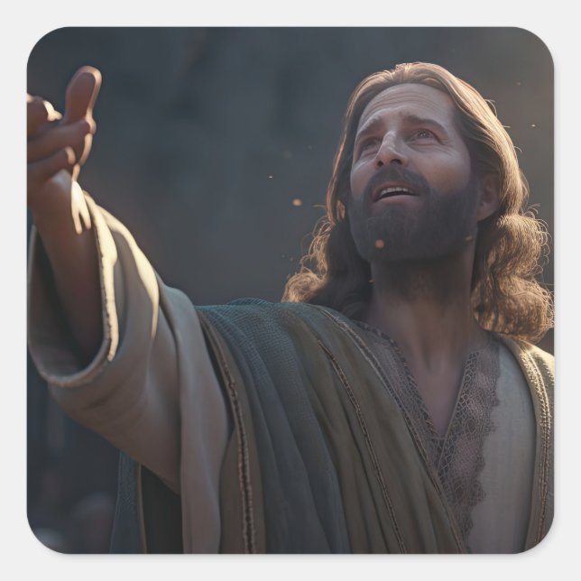 Jesus Christ Looking Up Reaching Out Religious Square Sticker (Front)