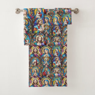 Jesus Christ Mary & Joseph Christian Stained Glass Bath Towel Set