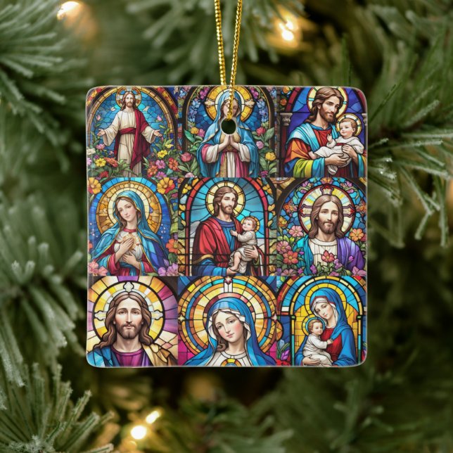 Jesus Christ Mary & Joseph Christian Stained Glass Ceramic Ornament (Tree)