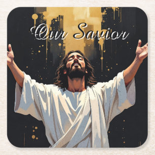 Jesus Christ Our Saviour Black and Gold Square Paper Coaster