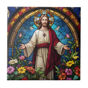 Jesus Christ Sacred Heart Faux Stained Glass Ceramic Tile