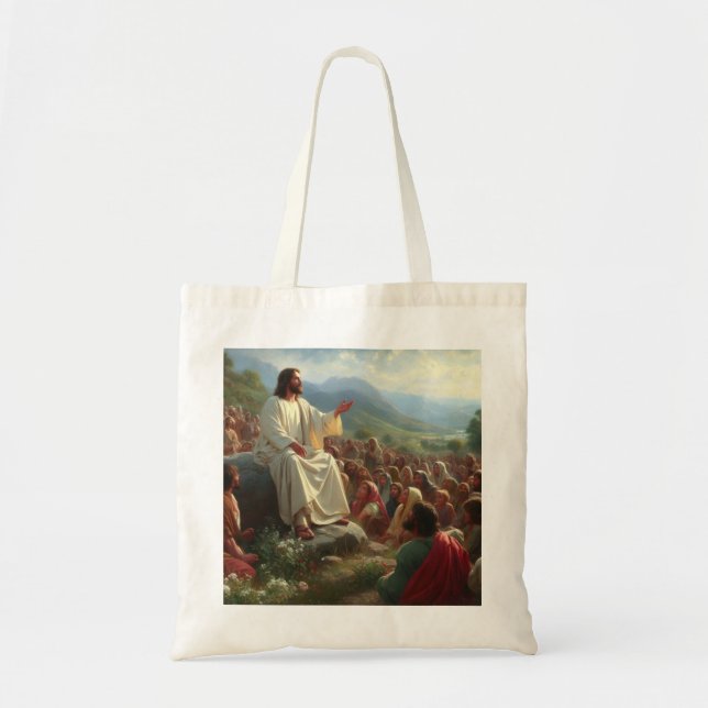 Jesus Christ sits preaching to the masses Tote Bag (Front)