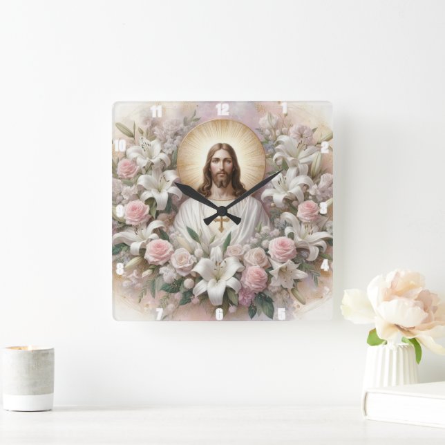 Jesus Christ Surrounded by Lilies Roses Square Wall Clock (Home)