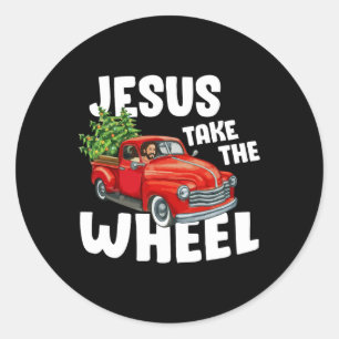 Jesus Christ Take The Wheel Red Truck Christmas Ch Classic Round Sticker