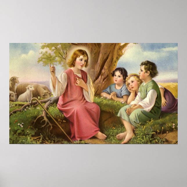Jesus Christ Teaching Children, Vintage Religion Poster (Front)