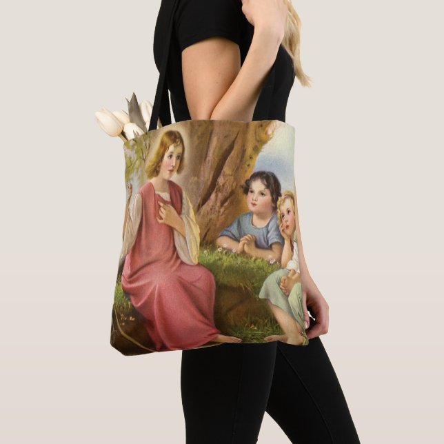 Jesus Christ Teaching Children, Vintage Religion Tote Bag (Close Up)