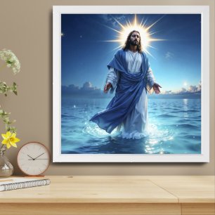 Jesus Christ walking on water biblical scene Poster