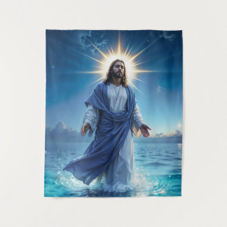 Jesus Christ walking on water biblical scene Tapestry