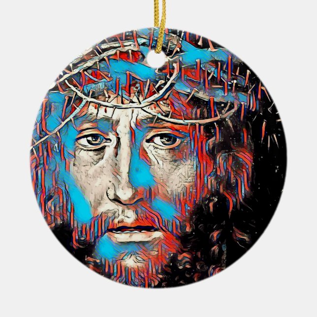Jesus Christ Wearing Thorn Crown Abstract Painting Ceramic Ornament (Front)