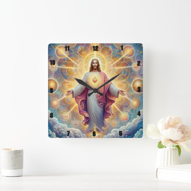 Jesus Christ With A Radiant Sacred Heart Square Wall Clock (Home)