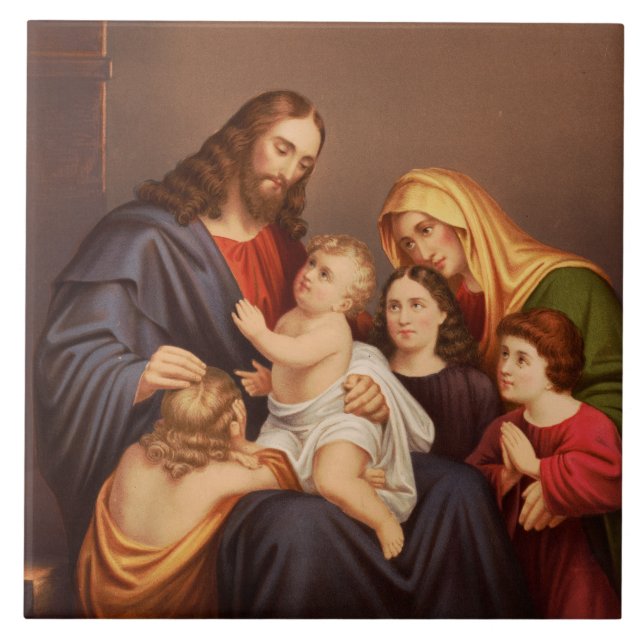 Jesus Christ with Children Premium Fine Art Ceramic Tile (Front)