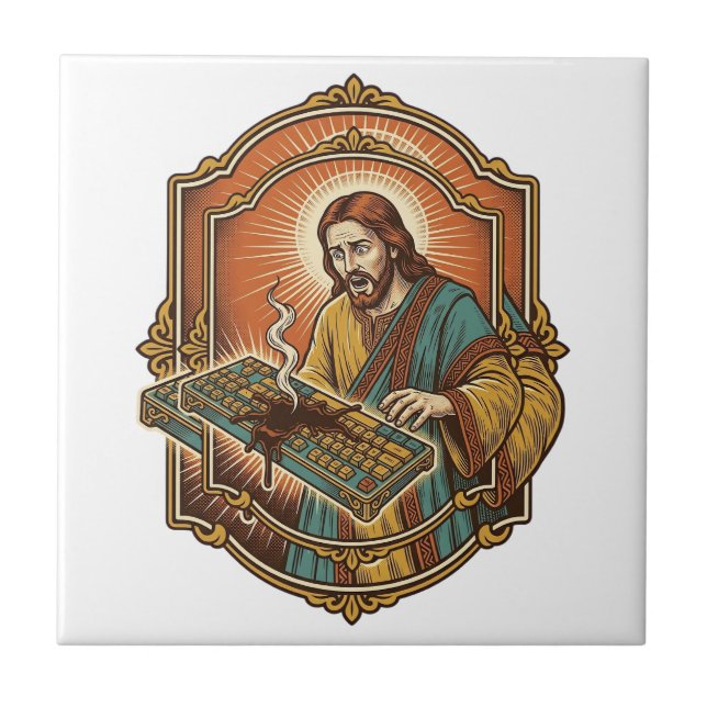 Jesus Coffee Spill Mechanical Keyboard Broken Tech Ceramic Tile (Front)