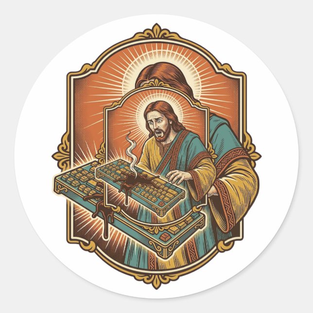Jesus Coffee Spill Mechanical Keyboard Broken Tech Classic Round Sticker (Front)