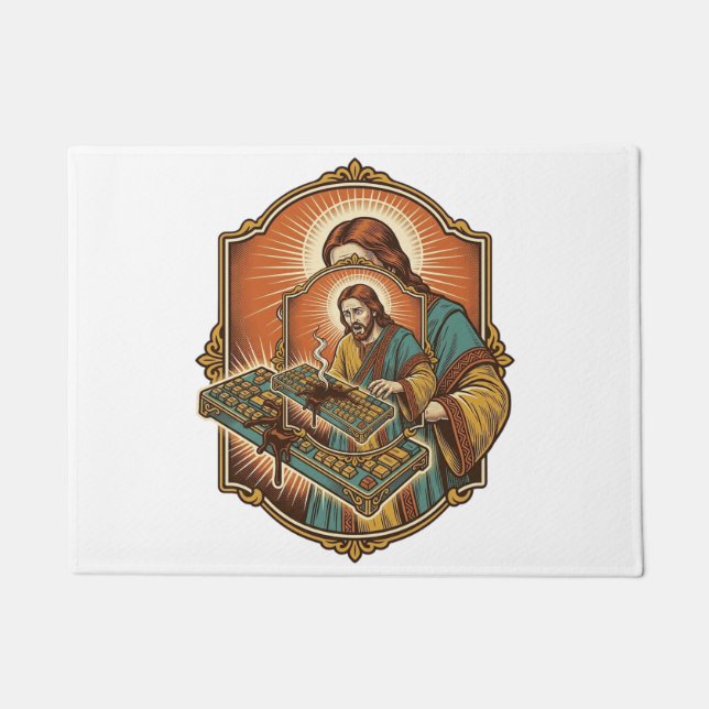 Jesus Coffee Spill Mechanical Keyboard Broken Tech Doormat (Front)