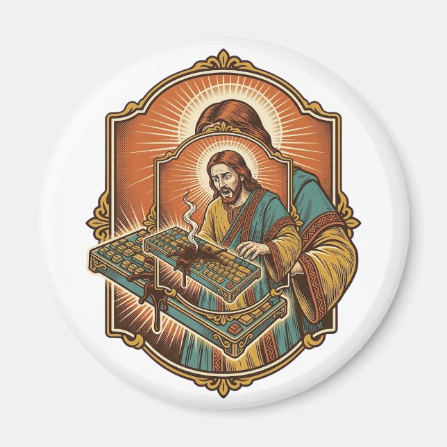 Jesus Coffee Spill Mechanical Keyboard Broken Tech Magnet (Front)