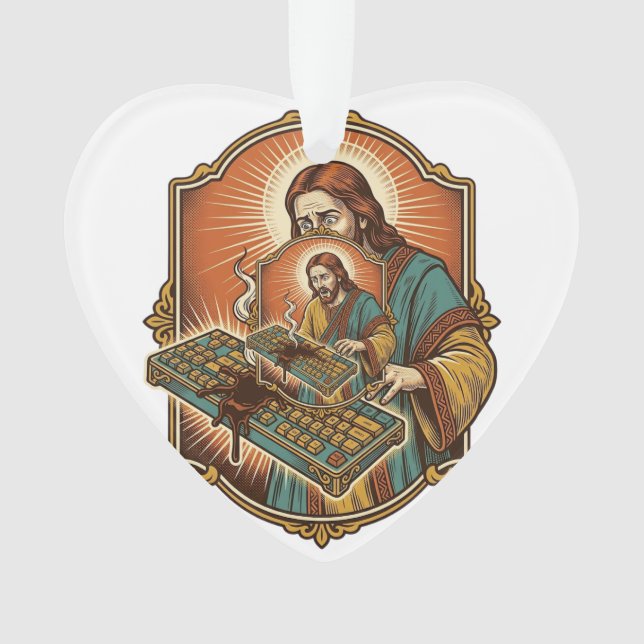 Jesus Coffee Spill Mechanical Keyboard Broken Tech Ornament (Front)
