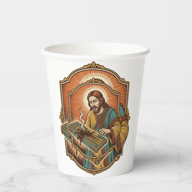 Jesus Coffee Spill Mechanical Keyboard Broken Tech Paper Cups (Front)