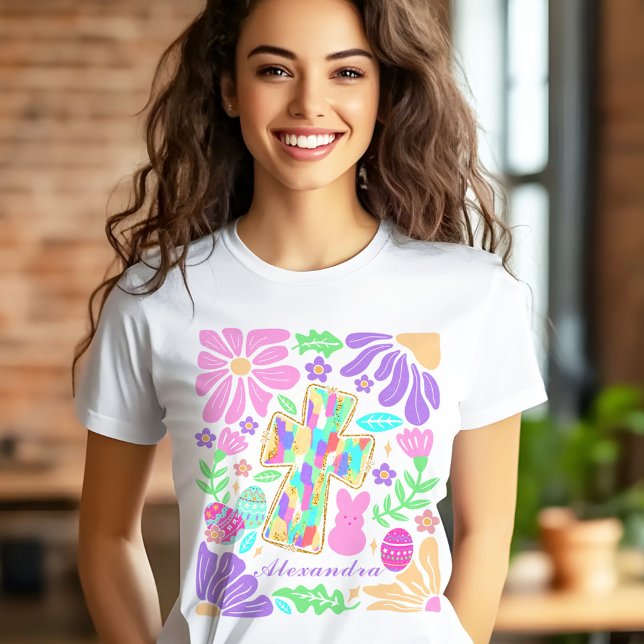 Jesus Colourful Cross Easter Womens Custom Name T-Shirt (Jesus Colorful Cross Easter Womens Custom Name T-Shirt)