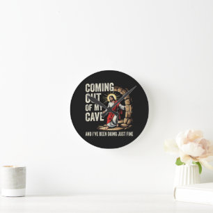 Jesus Coming Out Of My Cave Round Clock