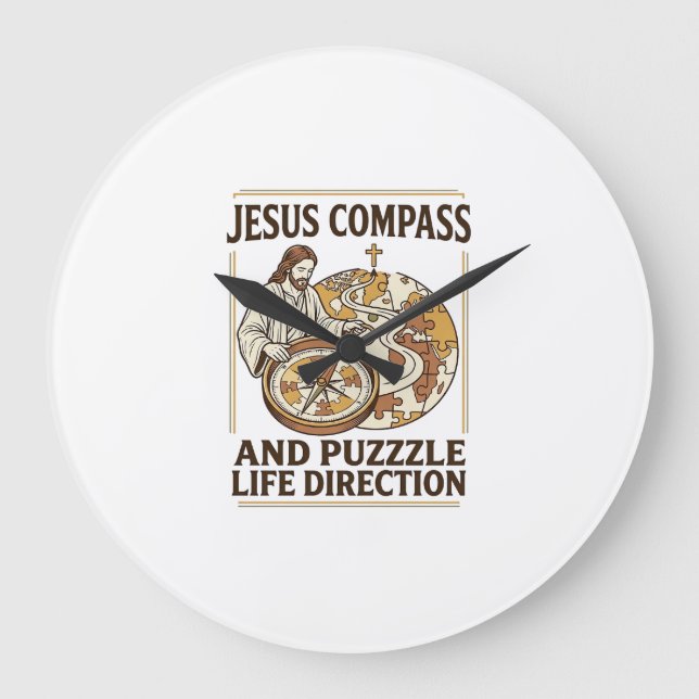 Jesus Compass And Puzzle Life Direction Jesus Comp Large Clock (Front)
