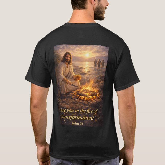 Jesus cooking fish at the shore T-Shirt (Back)