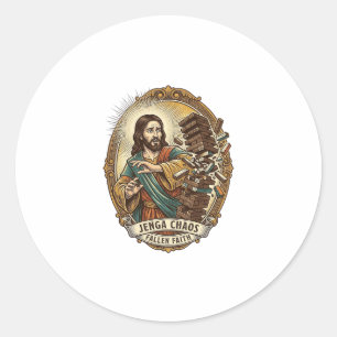 Jesus Crashing Party Jenga Tower Game Fail Humor_1 Classic Round Sticker