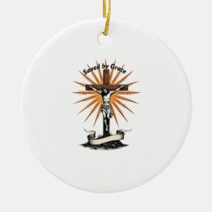 Jesus Cross Faith Vintage Engraving Christian Shir Ceramic Ornament