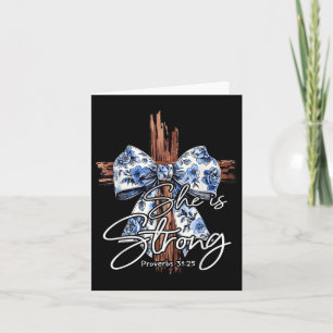 Jesus Cross Floral Blue Coquette Bow She Is Strong Card