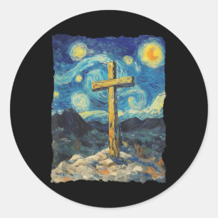 Jesus Cross Van Gogh Style Starry Night Art Christ Classic Round Sticker