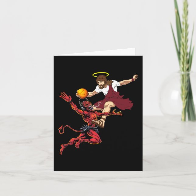 Jesus Crossing Up The Devil Basketball Player Dunk Card (Front)