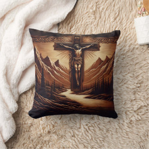Jesus Crucified Against Majestic Mountains Cushion