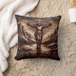 Jesus Crucified Amidst Majestic Mountains Cushion
