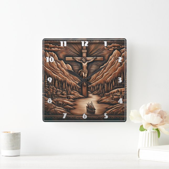 Jesus Crucified Amidst Mountains and River Square Wall Clock (Home)
